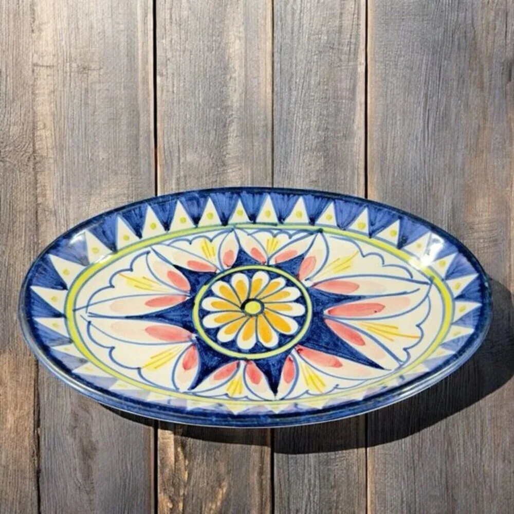 Vintage Italian Folk Art Pottery Stoneware Long Tray Dish Plate‎ Hand Painted